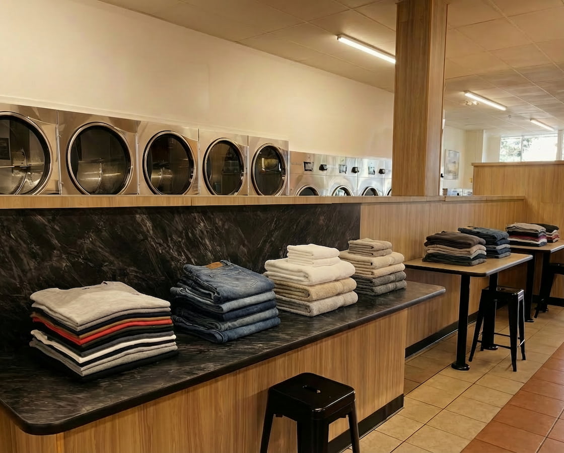 Folded towels and clothes in front of 80lb capacity coinless washers at Polanco Laundry in Arleta, San Fernando Valley