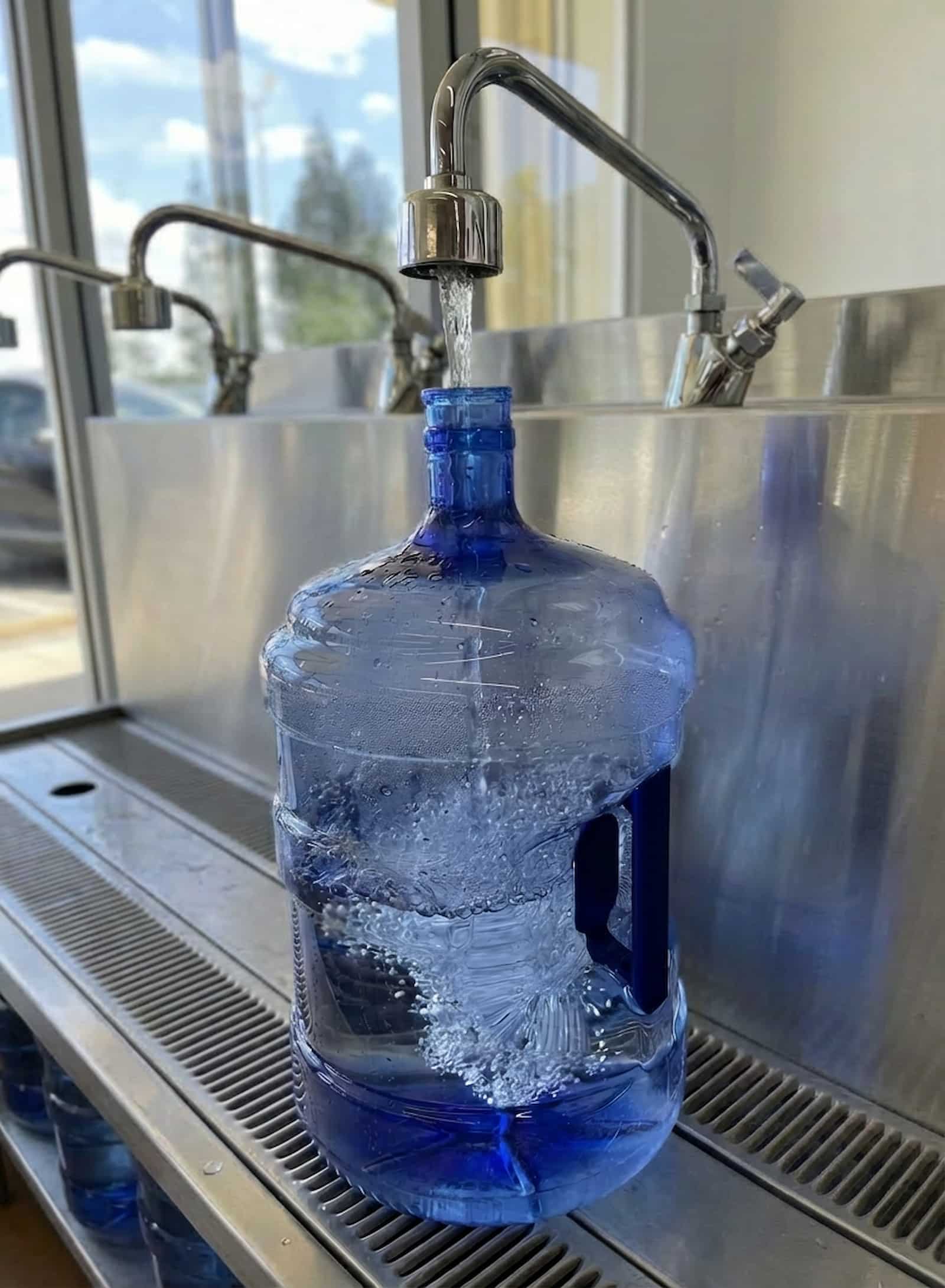 Customer filling a water jug at Polanco Laundry water station in Arleta