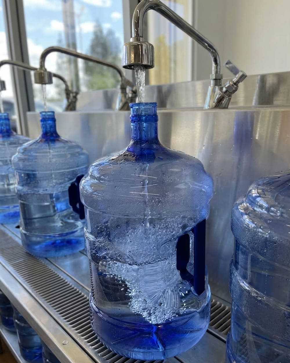 5-gallon jugs being filled with purified water at Polanco Laundry water store in Arleta, San Fernando Valley